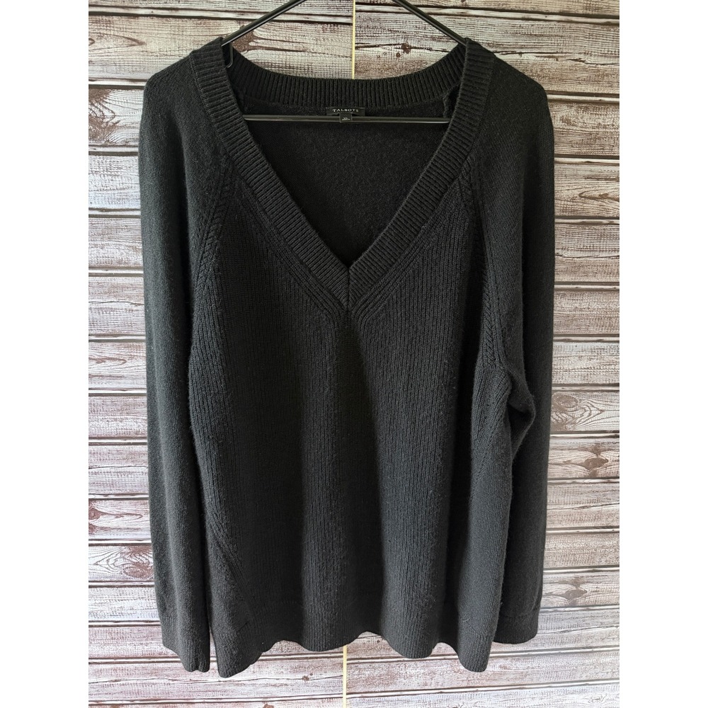 Talbots Womens XL Black V-Neck Cashmere Wool Blend Raglan Sleeve Sweater